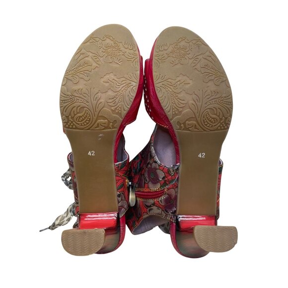 Laura Vita Women’s Red Floral Pattern Leather Open Toe Bow Accent Heels Size 10 - Picture 11 of 11